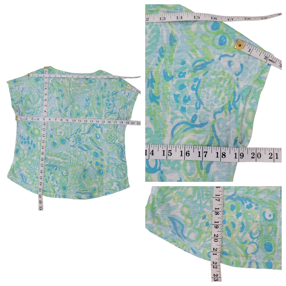 Lilly Pulitzer Linen Duval Notch Top Green Blue Cap Sleeve T-Shirt Women’s Small - Picture 10 of 15